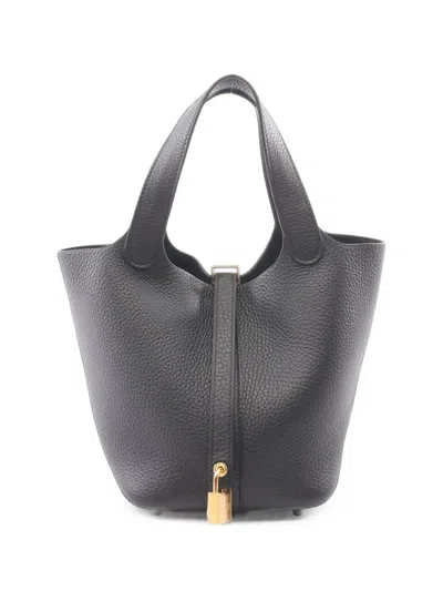 Pre-owned Hermes 2025 Pm Picotin Lock Leather Tote Bag In Black