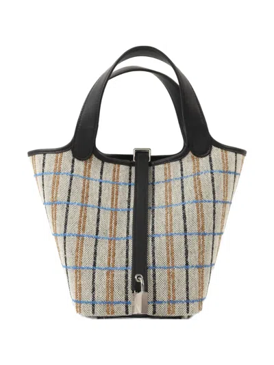 Pre-owned Hermes 2025 Pm Picotin Plaid-pattern Tote Bag In Neutral