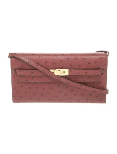 Pre-owned Hermes 2026 Ostrich Kelly To Go Wallet In Burgundy