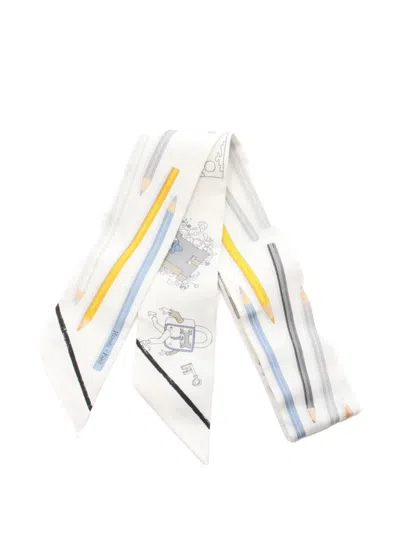 Pre-owned Hermes 20s A Vos Crayons Twilly Scarf In White