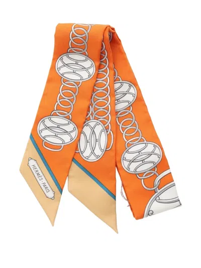 Pre-owned Hermes 20s Chain-link Silk Scarf In Orange