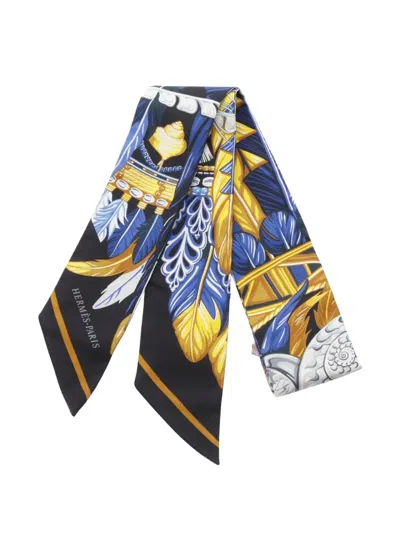 Pre-owned Hermes 20s Feather-print Dance Pacifique Scarf In Blue