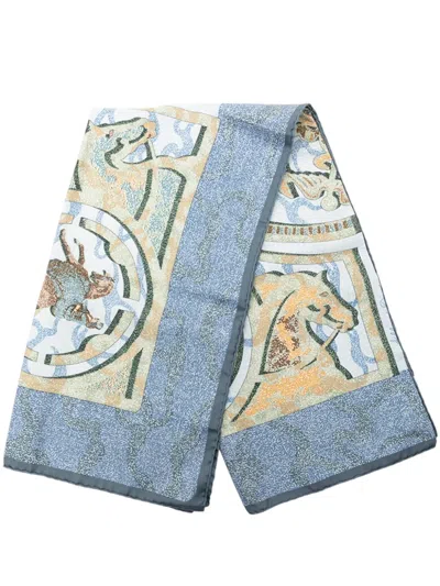 Pre-owned Hermes 20th Century Alfred De Dreux Peintre Du Cheval Silk Scarf Scarves In Blue