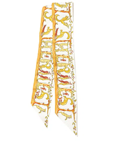 Pre-owned Hermes 20th Century Alphabet Twilly Silk Scarf Scarves In White