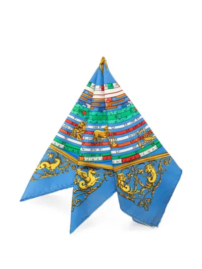 Pre-owned Hermes 20th Century Astrologie Dies Et Hore Silk Handkerchief In Blue