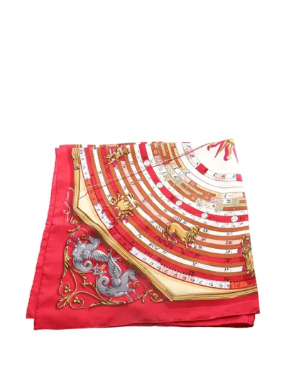 Pre-owned Hermes 20th Century Astrologie Dies Et Hore Silk Scarf 90 Scarves In Red
