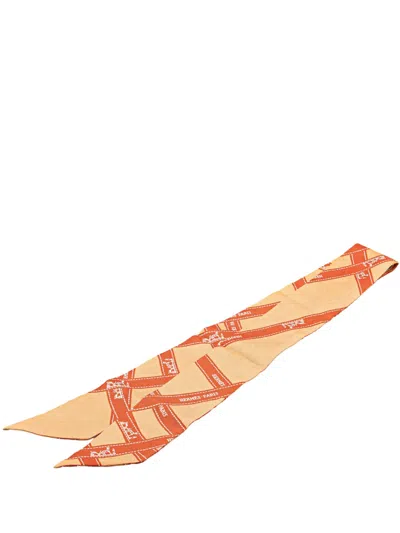 Pre-owned Hermes 20th Century Bolduc Silk Twilly Scarf Scarves In Orange