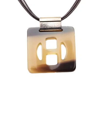 Pre-owned Hermes 20th Century Buffalo Horn Square Pendant Necklace Costume Necklace In Brown