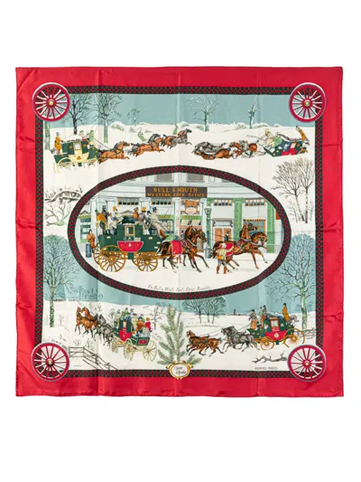 Pre-owned Hermes 20th Century Bull & Mouth Western Coach Office Silk Scarf Scarves In Red