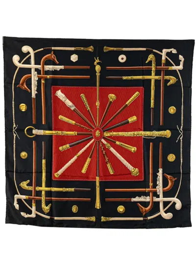 Pre-owned Hermes 20th Century Cannes Et Pommeaux Silk Scarf Scarves In Black