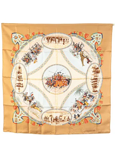 Pre-owned Hermes 20th Century Cavaliers Peuls Silk Scarf Scarves In Brown