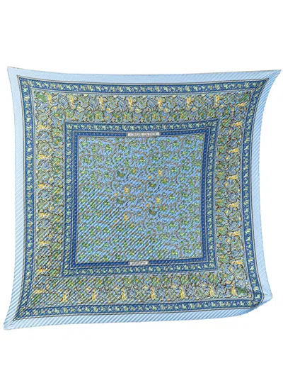 Pre-owned Hermes 20th Century Chasse En Inde Silk Plisse Scarf Scarves In 蓝色