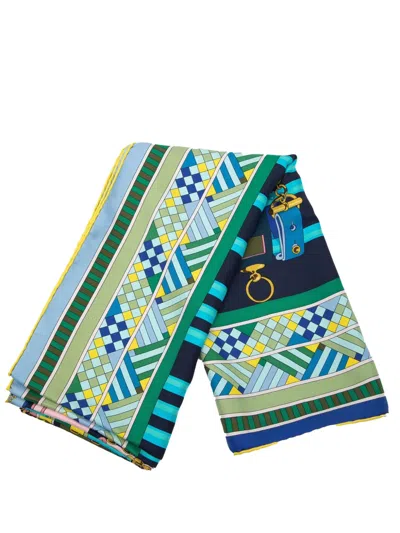 Pre-owned Hermes 20th Century Colliers De Chiens Silk Shawl Scarves In Blue