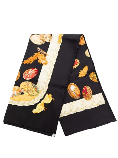 Pre-owned Hermes 20th Century Couvee D  Silk Scarf 90 Scarves In Black