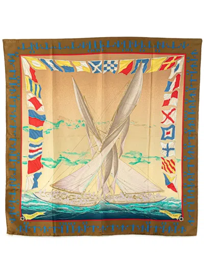 Pre-owned Hermes 20th Century En Course Silk Scarf Scarves In Brown
