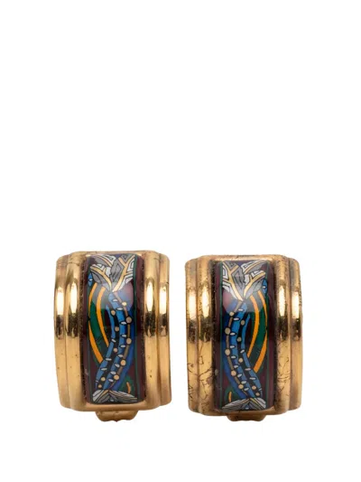 Pre-owned Hermes 20th Century Enamel Cloisonne Clip On Earrings Costume Earrings In Blue