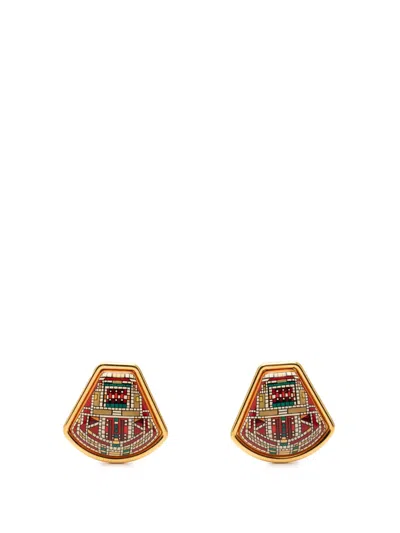 Pre-owned Hermes 20th Century Enamel Cloisonne Clip On Earrings Costume Earrings In Gold