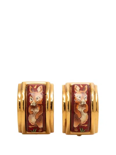 Pre-owned Hermes 20th Century Enamel Rabbit Print Cloisonne Clip On Earrings Costume Earrings In Brown