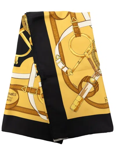 Pre-owned Hermes 20th Century Eperon D Or Silk Scarf 90 Scarves In Black