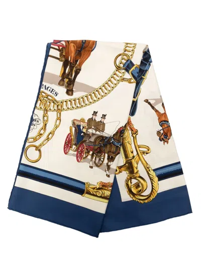 Pre-owned Hermes 20th Century Equipages Silk Scarf 90 Scarves In White