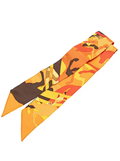 Pre-owned Hermes 20th Century Ex Libris En Camouflage Silk Twilly Scarf Scarves In 橘色
