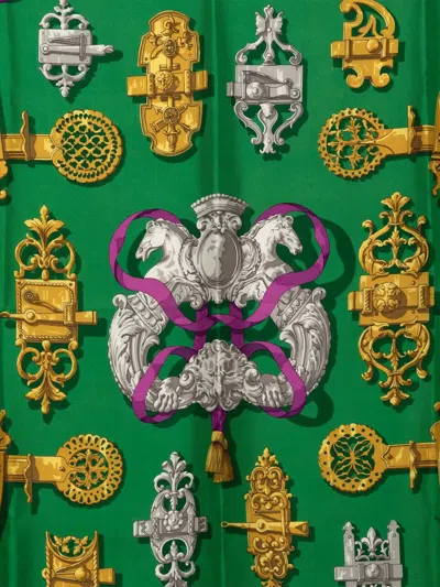 Pre-owned Hermes 20th Century Ferronnerie Silk Scarf 90 Scarves In Green