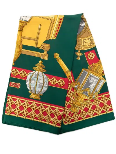 Pre-owned Hermes 20th Century Feux De Route Silk Scarf 90 Scarves In Green
