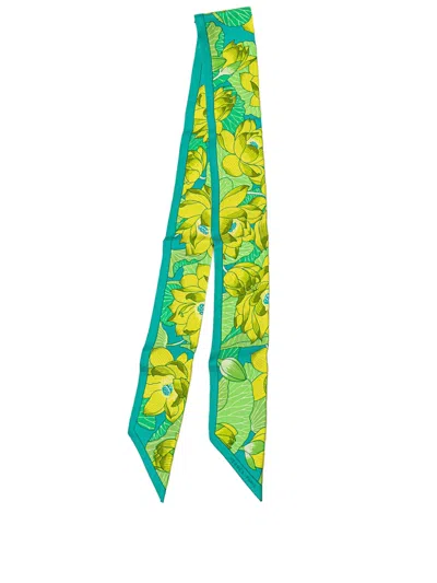 Pre-owned Hermes 20th Century Fleurs De Lotus Silk Twilly Scarf Scarves In Green