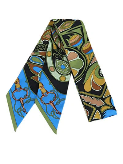 Pre-owned Hermes 20th Century Folklore Silk Twilly Scarf Scarves In Green
