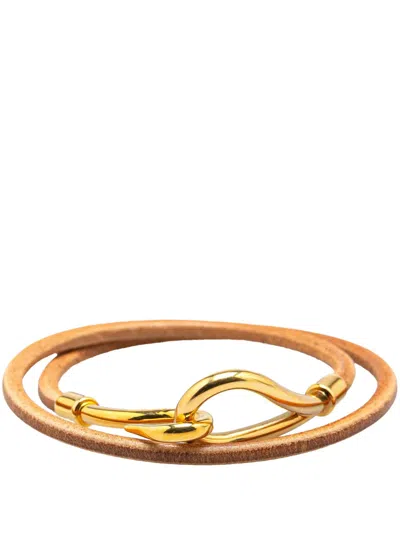 Pre-owned Hermes 20th Century Gold Plated And Leather Jumbo Hook Double Tour Bracelet Costume Bracelet