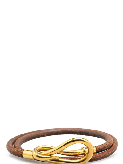 Pre-owned Hermes 20th Century Gold Plated And Leather Jumbo Hook Double Tour Bracelet Costume Bracelet In Brown