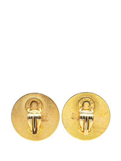 Pre-owned Hermes 20th Century Gold Plated And Leather Medor Round Clip On Earrings Costume Earrings