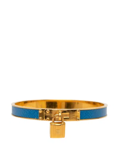 Pre-owned Hermes 20th Century Gold Plated Courchevel Kelly Cadena Lock Bangle Bracelet Costume Bracelet In Blue