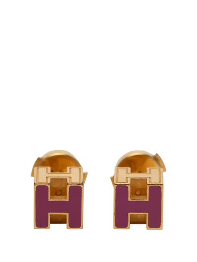 Pre-owned Hermes 20th Century Gold Plated Enamel Cage Dh Cube Push Back Earrings Costume Earrings In Purple