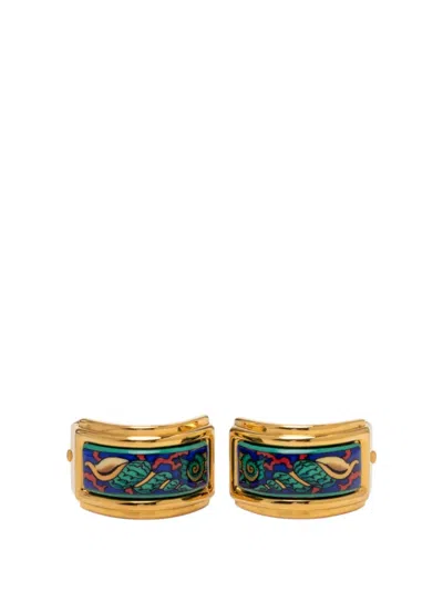 Pre-owned Hermes 20th Century Gold Plated Enamel Cloisonne Clip On Earrings Costume Earrings
