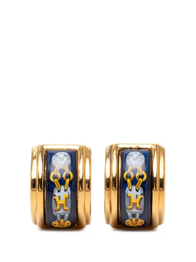 Pre-owned Hermes 20th Century Gold Plated Enamel Cloisonne Clip On Earrings Costume Earrings