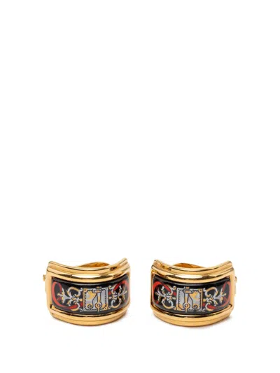 Pre-owned Hermes 20th Century Gold Plated Enamel Cloisonne Clip On Earrings Costume Earrings In Black