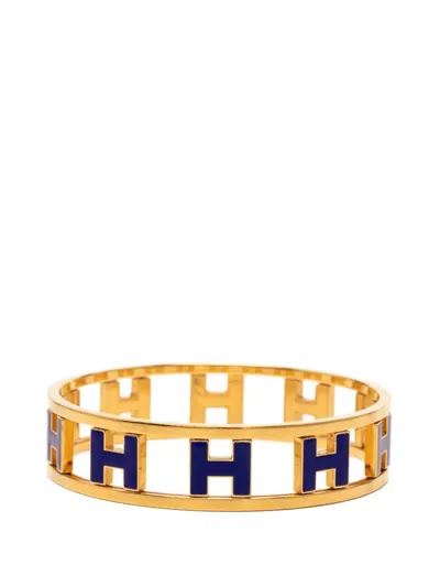 Pre-owned Hermes 20th Century Gold Plated Enamel Rondo Ash H Bangle Costume Bracelet In Blue