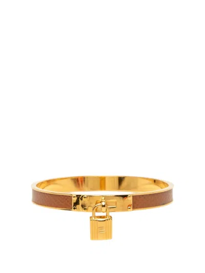 Pre-owned Hermes 20th Century Gold Plated Epsom Kelly Cadena Lock Bangle Bracelet Costume Bracelet