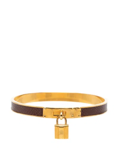 Pre-owned Hermes 20th Century Gold Plated Epsom Kelly Cadena Lock Bangle Bracelet Costume Bracelet In Brown