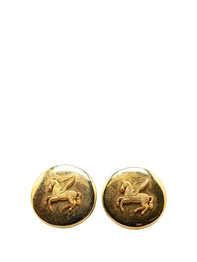 Pre-owned Hermes 20th Century Gold Plated Pegasus Round Clip On Earrings Costume Earrings