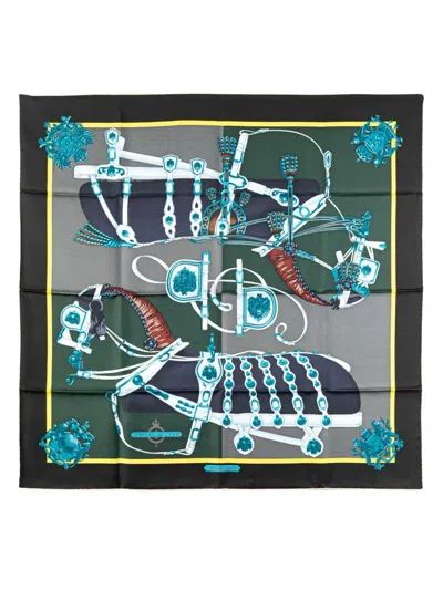 Pre-owned Hermes 20th Century Harnais De Cour Silk Scarf Scarves In Green
