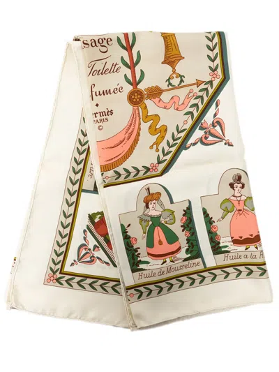Pre-owned Hermes 20th Century Huile Rafraichissante A L Usage De La Toilette Parfumee Silk Scarf 90 Scarves In White
