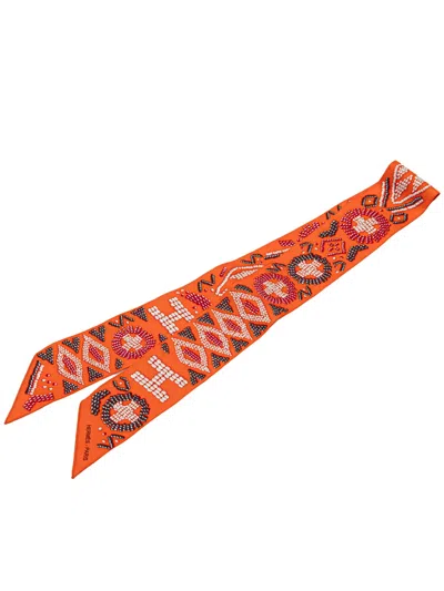 Pre-owned Hermes 20th Century Kelly En Perles Silk Twilly Scarf Scarves In Orange