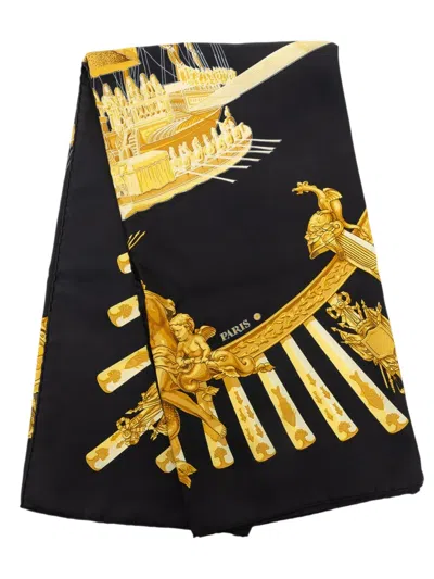 Pre-owned Hermes 20th Century La Marine A Rames Silk Scarf 90 Scarves In Black