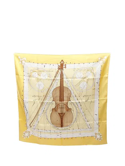 Pre-owned Hermes 20th Century La Musique Des Spheres Silk Scarf 90 Scarves In Yellow
