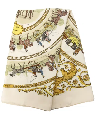 Pre-owned Hermes 20th Century La Promenade De Longchamps Silk Scarf 90 Scarves In Neutral