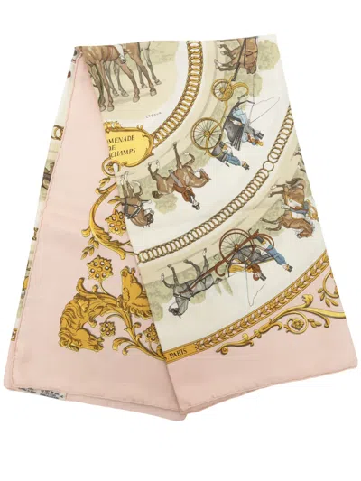 Pre-owned Hermes 20th Century La Promenade De Longchamps Silk Scarf 90 Scarves In Pink
