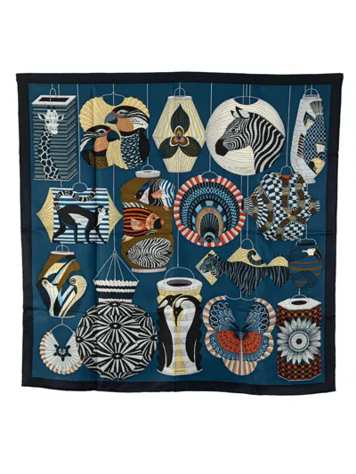 Pre-owned Hermes 20th Century Lanternes Ballons Et Cocardes Silk Scarf Scarves In Blue