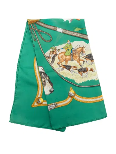 Pre-owned Hermes 20th Century Le Laisser Courre Silk Scarf 90 Scarves In Green